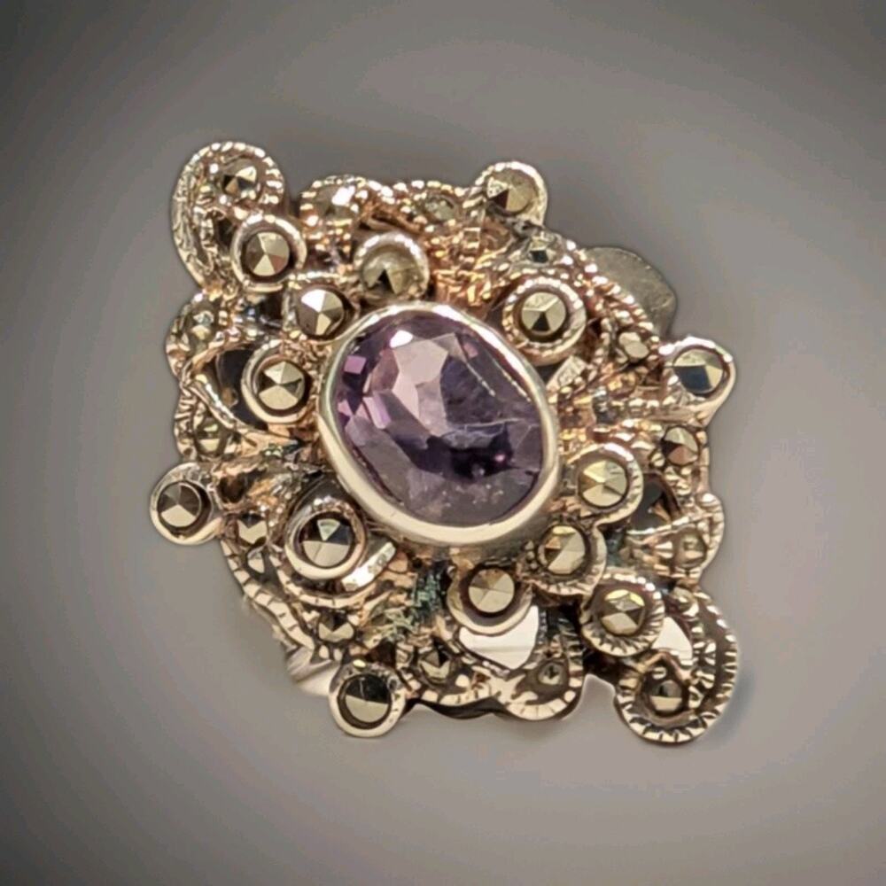 Art Deco Sterling 925 Marcasite & Amethyst Ring Size 6.5 TW 5.34g 1" In Length